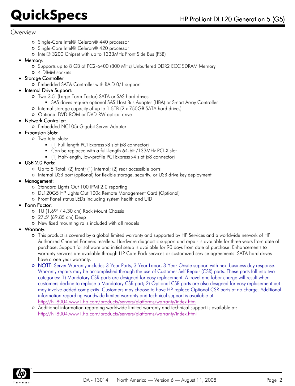 Quickspecs | HP ProLiant DL120 User Manual | Page 2 / 28