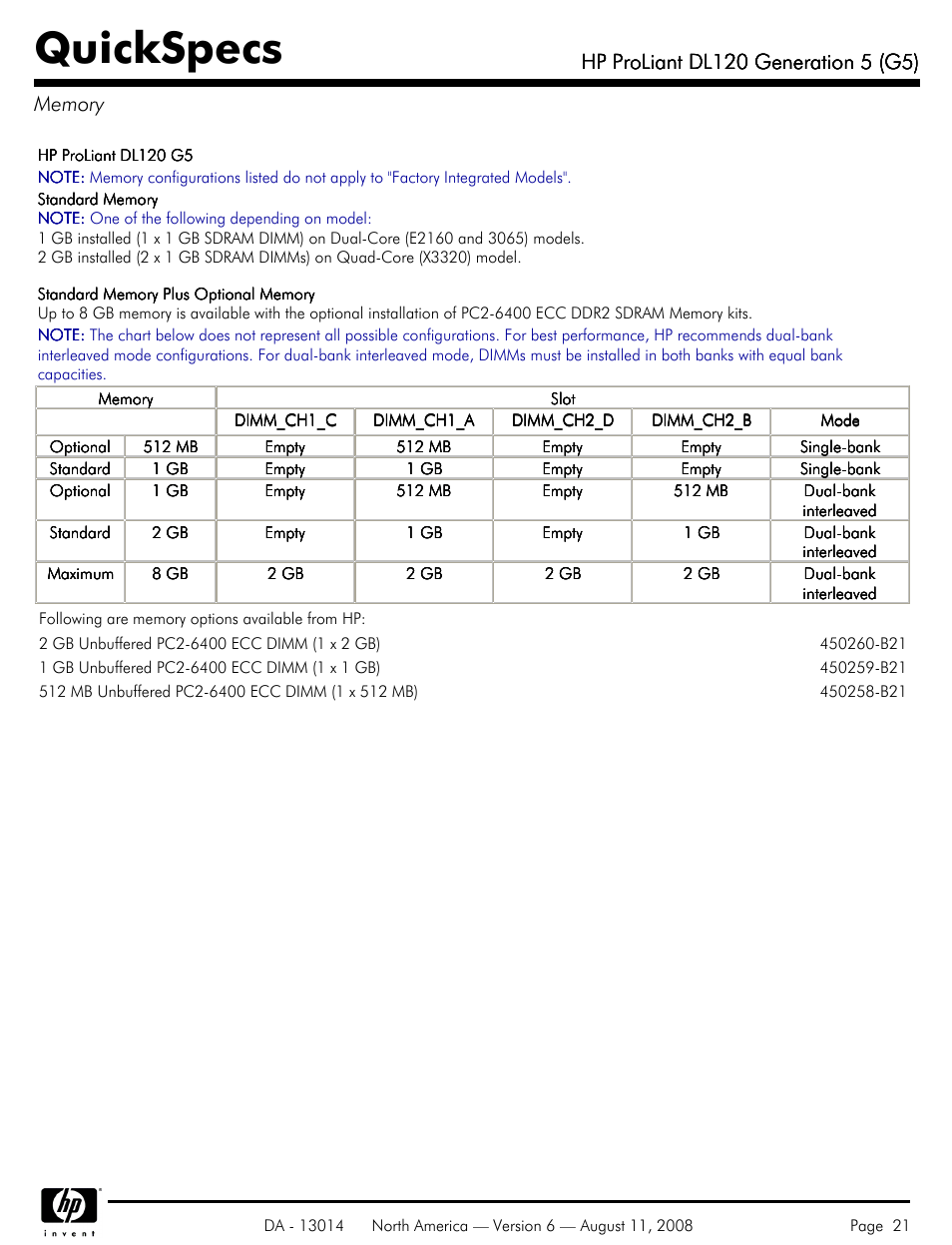 Memory, Quickspecs | HP ProLiant DL120 User Manual | Page 21 / 28