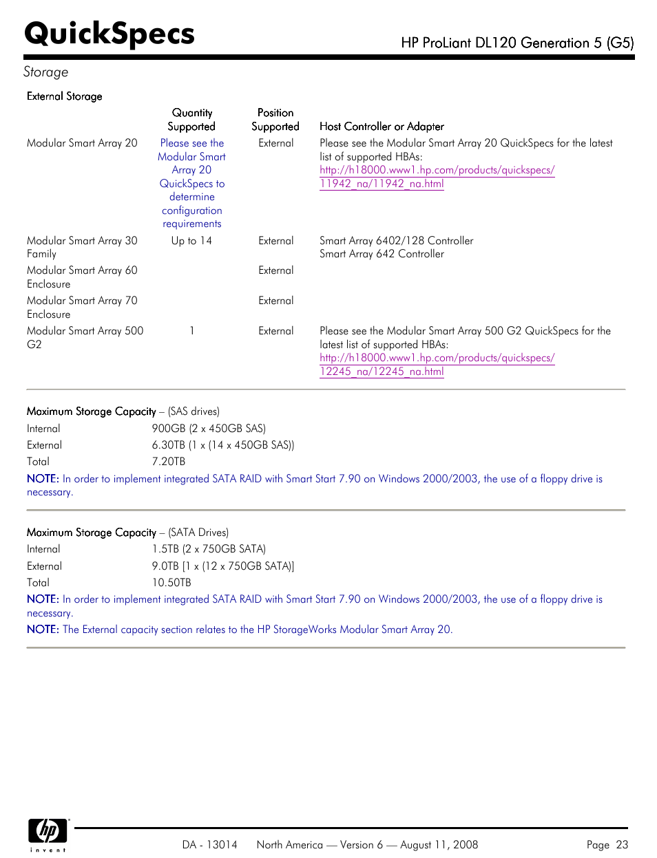 Quickspecs | HP ProLiant DL120 User Manual | Page 23 / 28