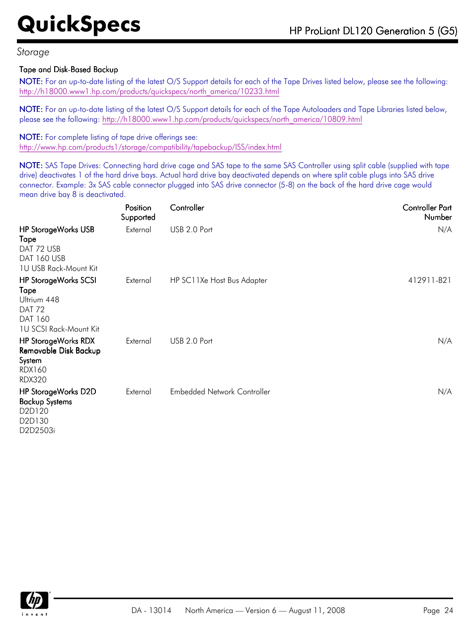 Quickspecs | HP ProLiant DL120 User Manual | Page 24 / 28