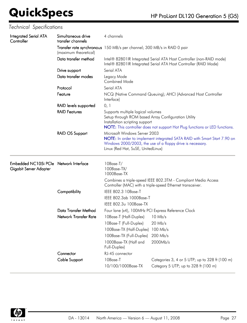 Quickspecs | HP ProLiant DL120 User Manual | Page 27 / 28