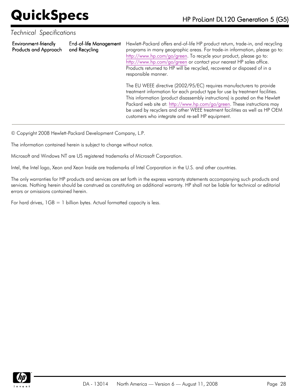 Quickspecs | HP ProLiant DL120 User Manual | Page 28 / 28