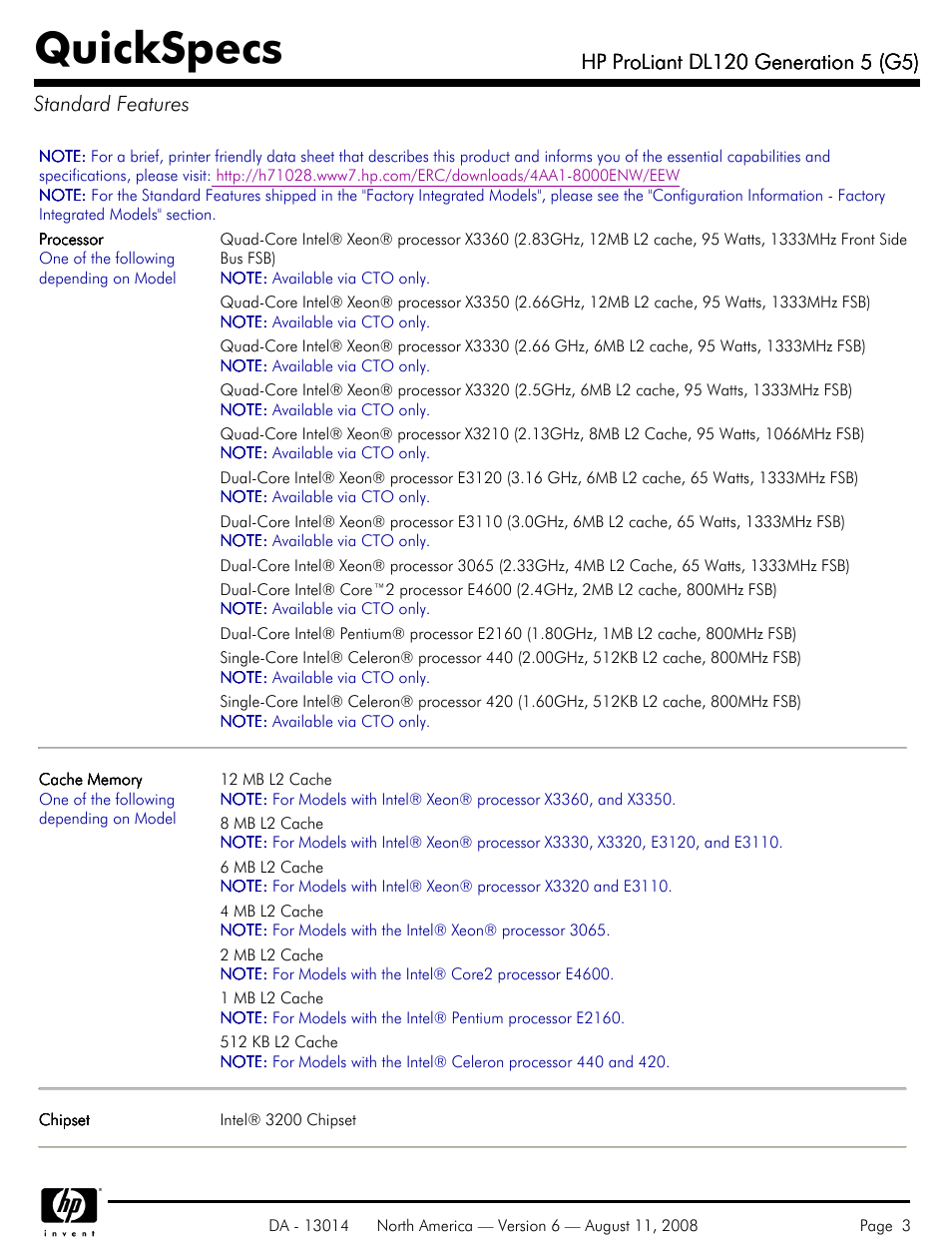 Standard features, Quickspecs | HP ProLiant DL120 User Manual | Page 3 / 28