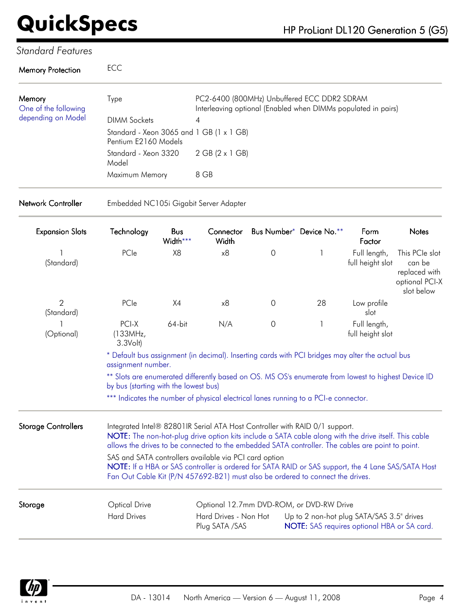 Quickspecs | HP ProLiant DL120 User Manual | Page 4 / 28