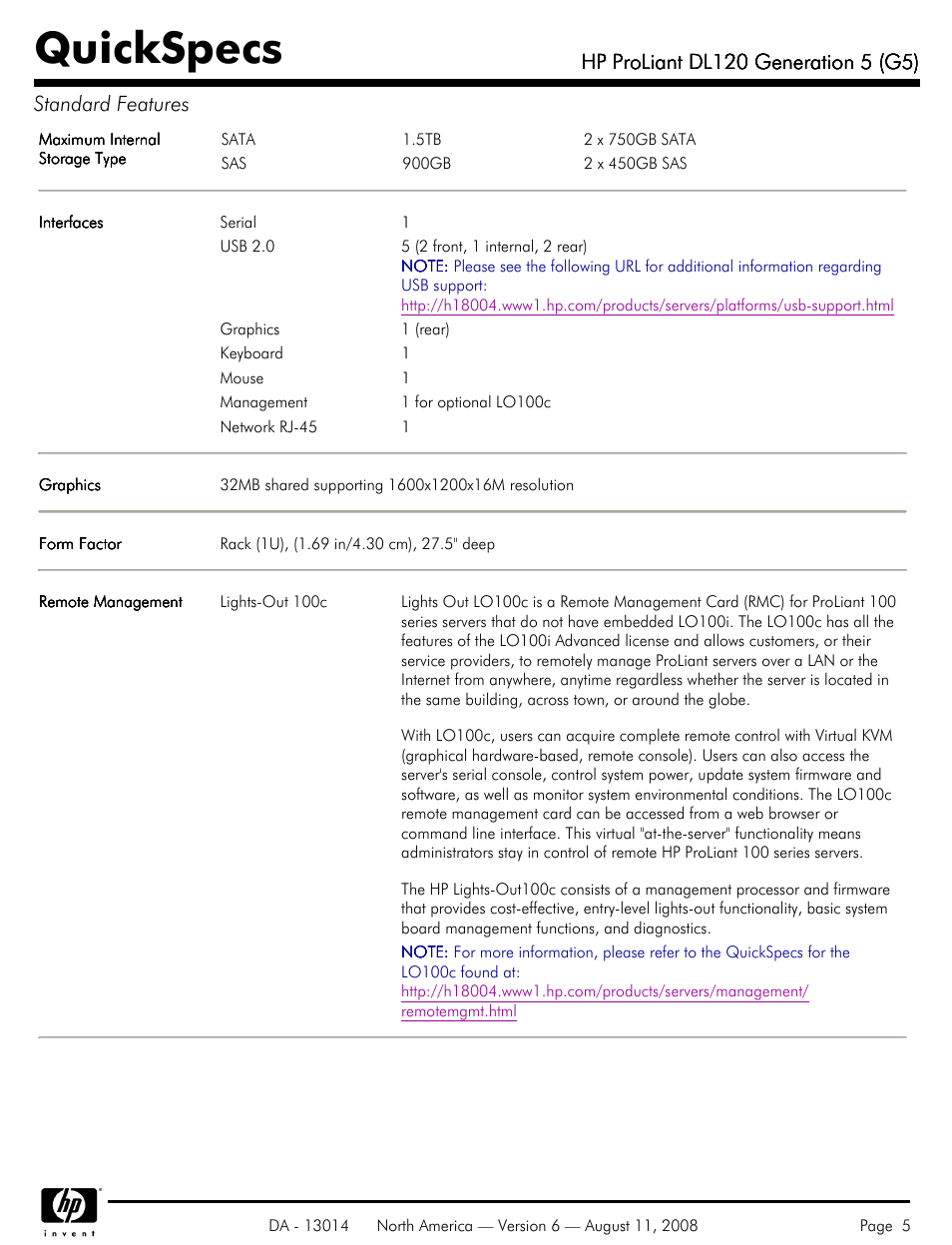 Quickspecs | HP ProLiant DL120 User Manual | Page 5 / 28