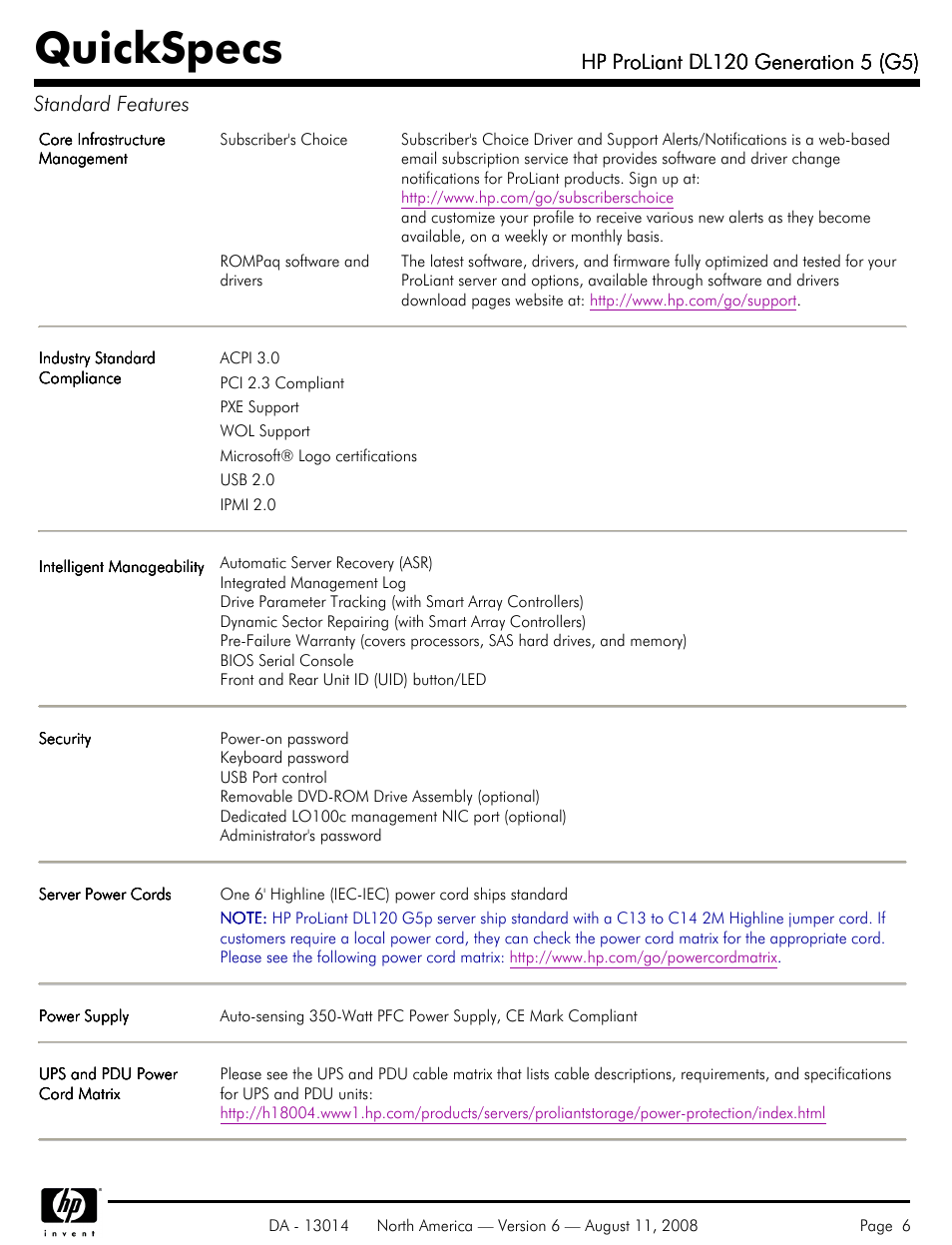 Quickspecs | HP ProLiant DL120 User Manual | Page 6 / 28