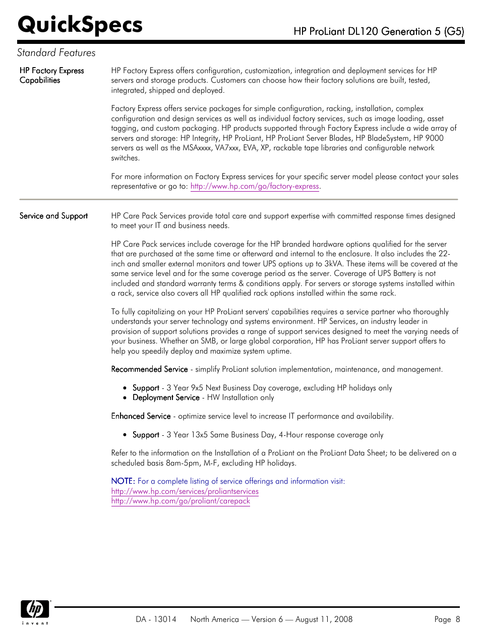 Quickspecs | HP ProLiant DL120 User Manual | Page 8 / 28