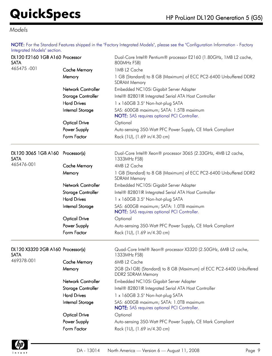 Models, Quickspecs | HP ProLiant DL120 User Manual | Page 9 / 28