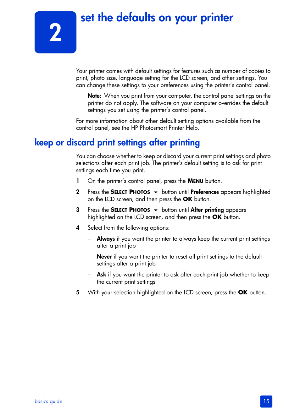 Set the defaults on your printer, Keep or discard print settings after printing | HP Photosmart 7700 User Manual | Page 19 / 64