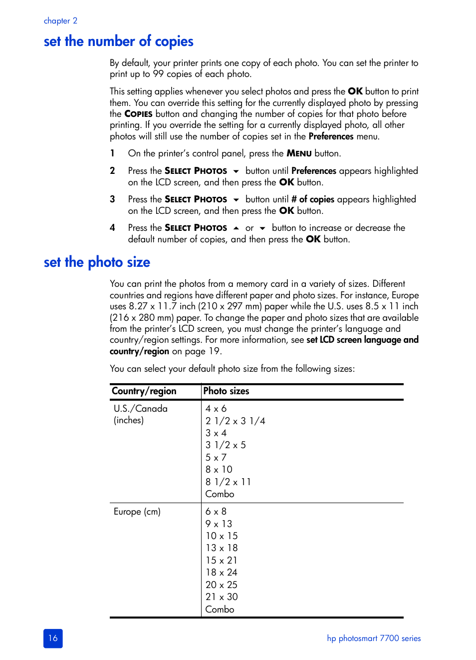 Set the number of copies, Set the photo size | HP Photosmart 7700 User Manual | Page 20 / 64