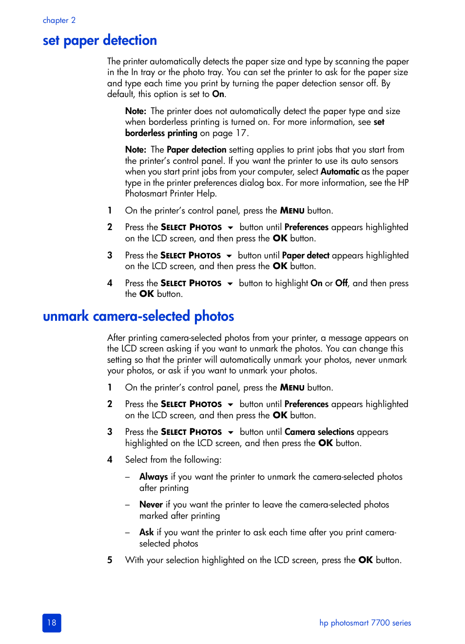 Set paper detection, Unmark camera-selected photos | HP Photosmart 7700 User Manual | Page 22 / 64