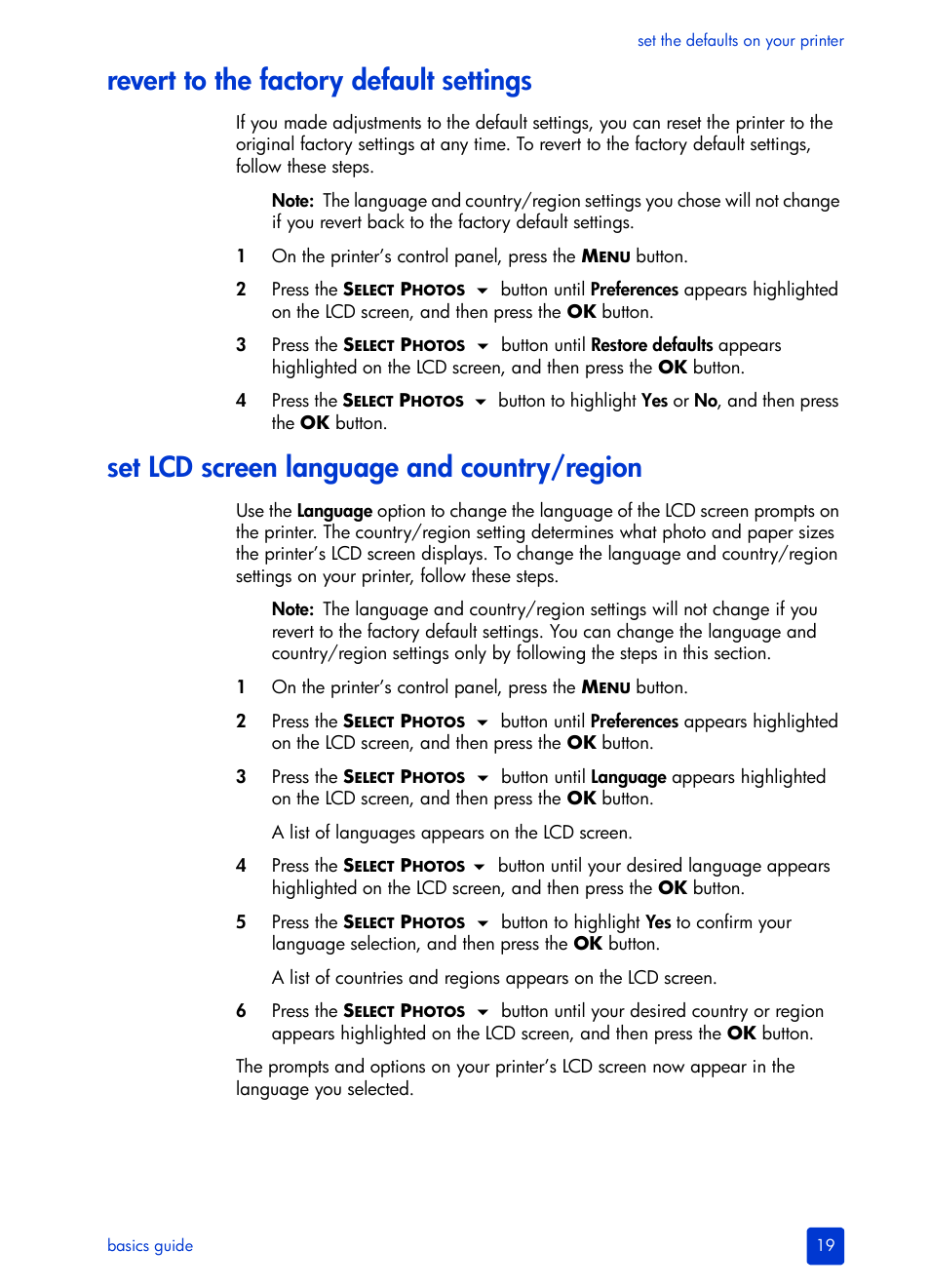 Revert to the factory default settings, Set lcd screen language and country/region | HP Photosmart 7700 User Manual | Page 23 / 64