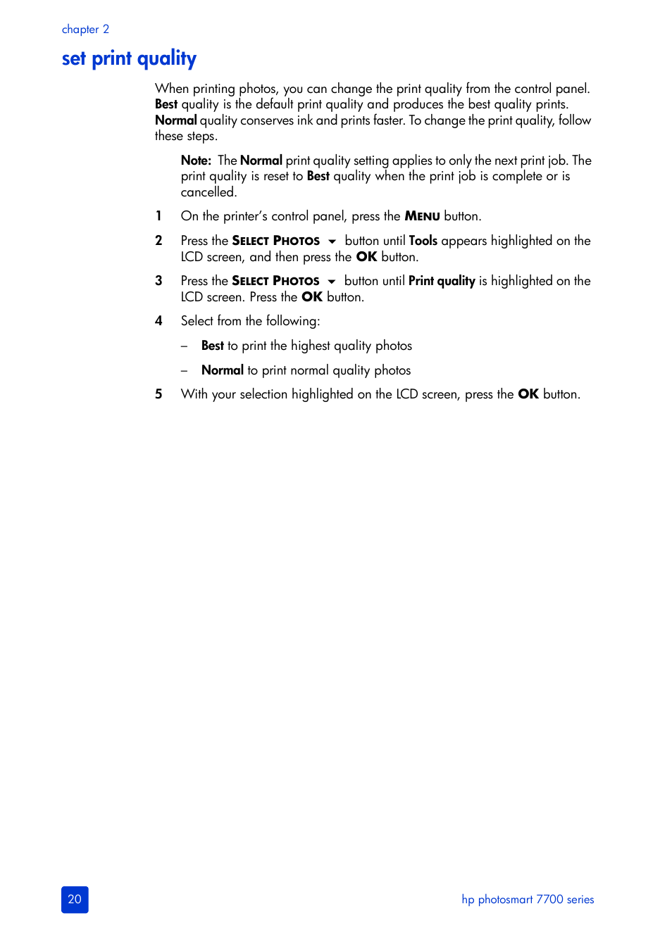 Set print quality | HP Photosmart 7700 User Manual | Page 24 / 64