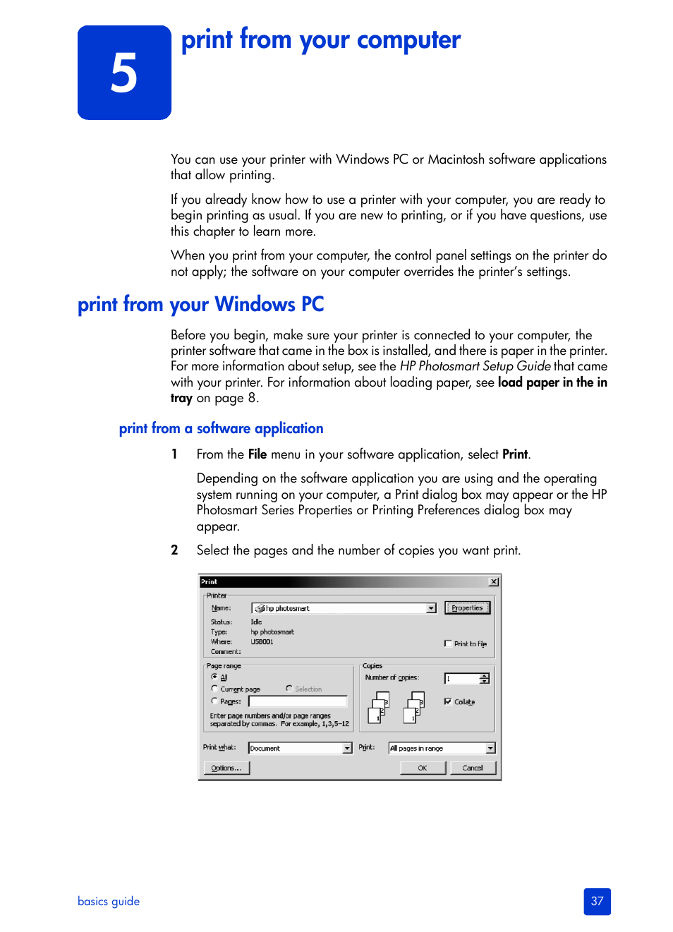 Print from your computer, Print from your windows pc | HP Photosmart 7700 User Manual | Page 41 / 64