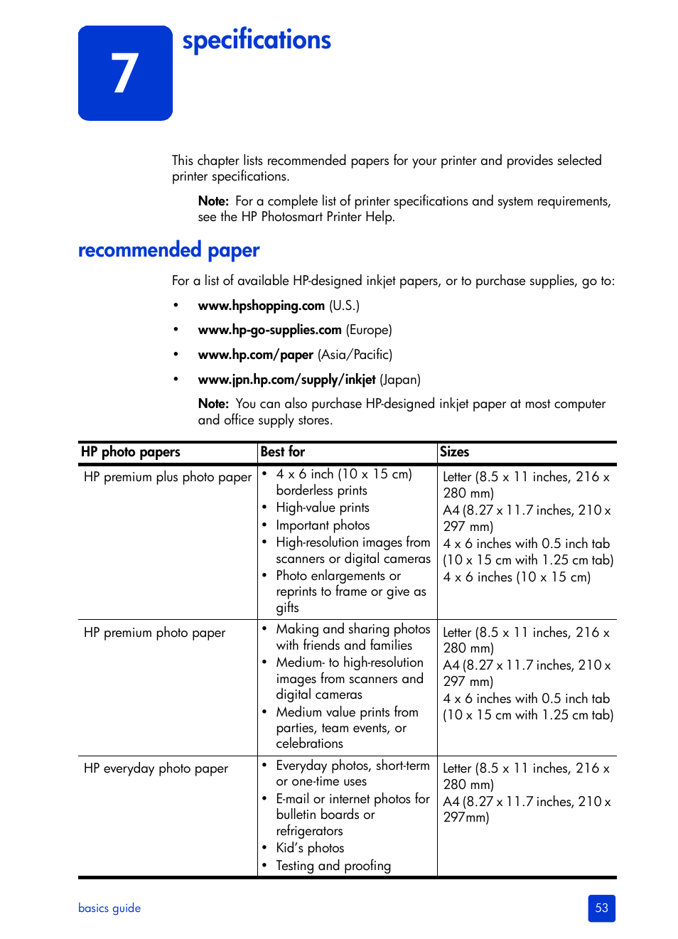 Specifications, Recommended paper | HP Photosmart 7700 User Manual | Page 57 / 64