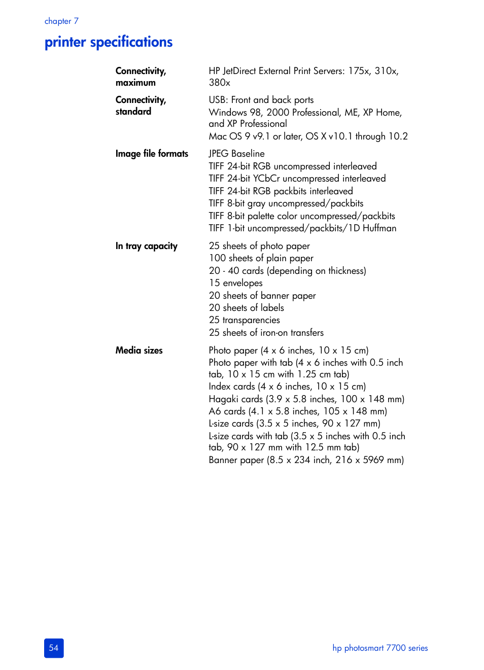 Printer specifications | HP Photosmart 7700 User Manual | Page 58 / 64