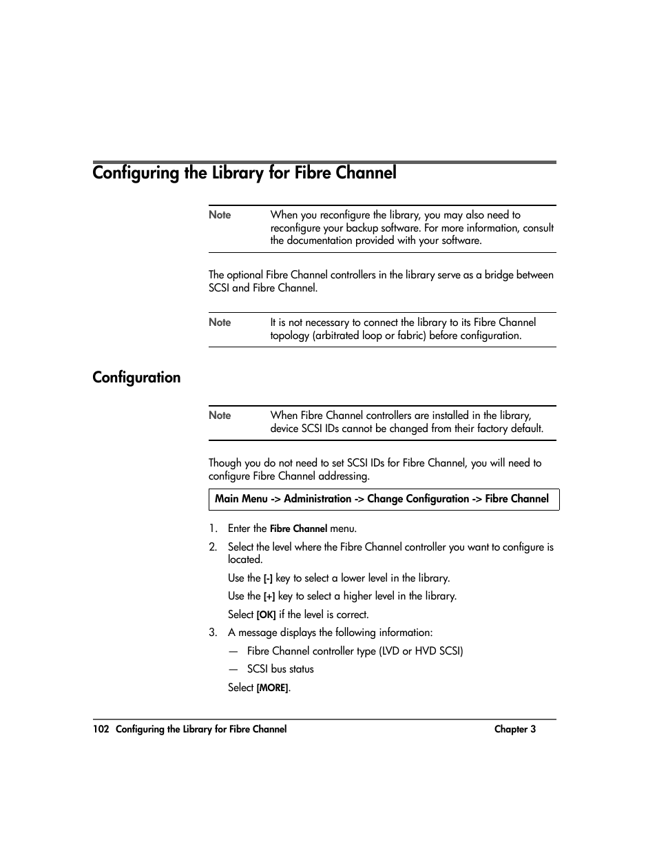 Configuring the library for fibre channel, Configuration, Configuring the library for fibre channel 102 | Configuration 102 | HP 20-Feb User Manual | Page 104 / 238