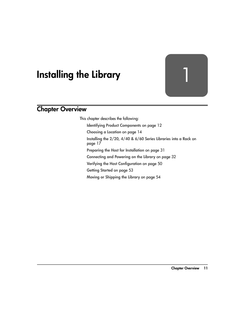 1 - installing the library, Chapter 1, Installing the library 11 | Chapter overview 11, Installing the library, Chapter overview | HP 20-Feb User Manual | Page 13 / 238