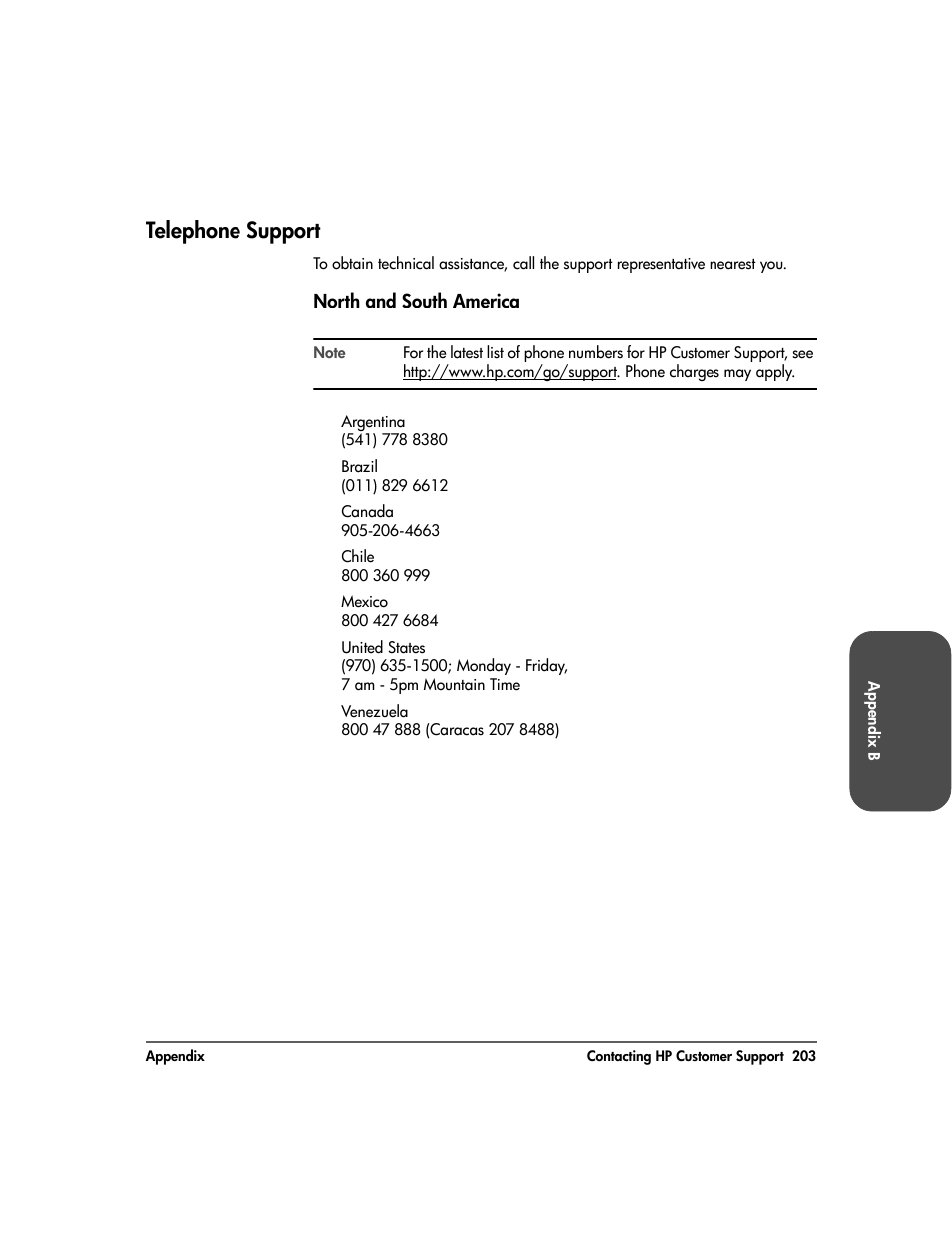 Telephone support, North and south america, Telephone support 203 | North and south america 203 | HP 20-Feb User Manual | Page 205 / 238