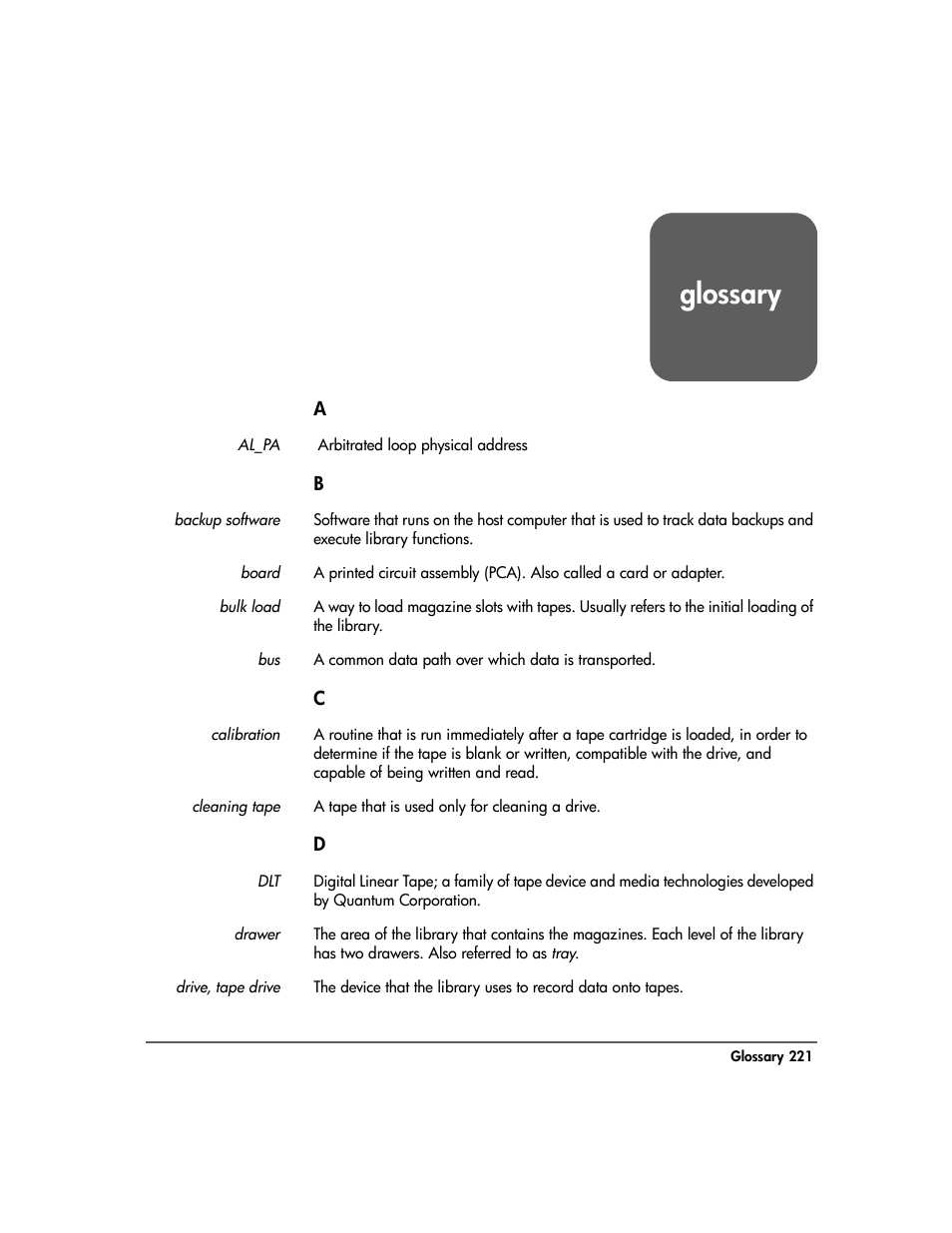 Glossary, Al_pa, Backup software | Board, Bulk load, Calibration, Cleaning tape, Drawer, Drive, tape drive, Glossary 221 | HP 20-Feb User Manual | Page 223 / 238