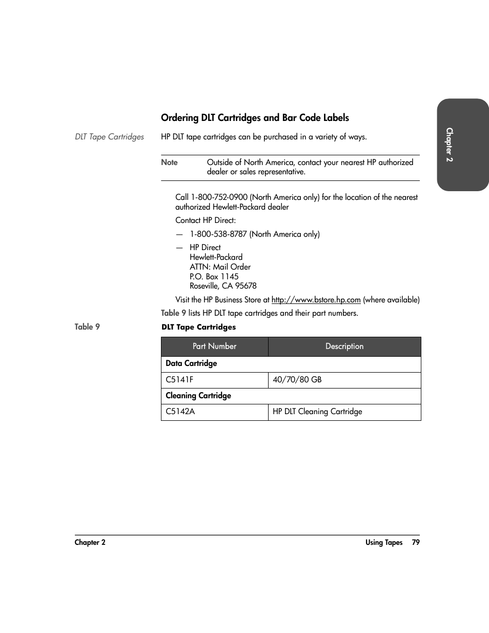 Ordering dlt cartridges and bar code labels, Dlt tape cartridges, Ordering dlt cartridges and bar code labels 79 | HP 20-Feb User Manual | Page 81 / 238