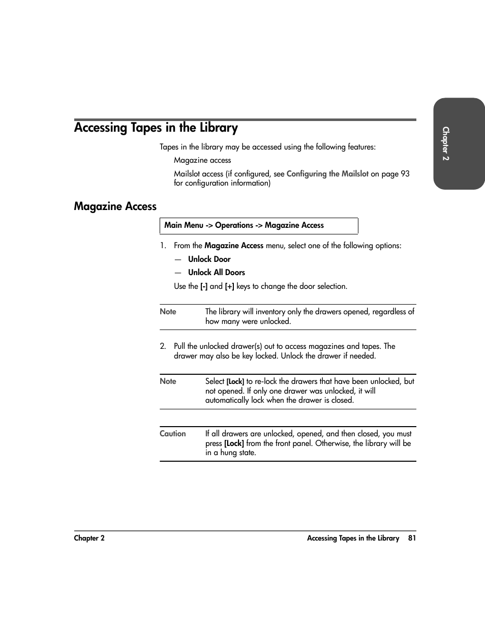 Accessing tapes in the library, Magazine access, Accessing tapes in the library 81 | Magazine access 81 | HP 20-Feb User Manual | Page 83 / 238