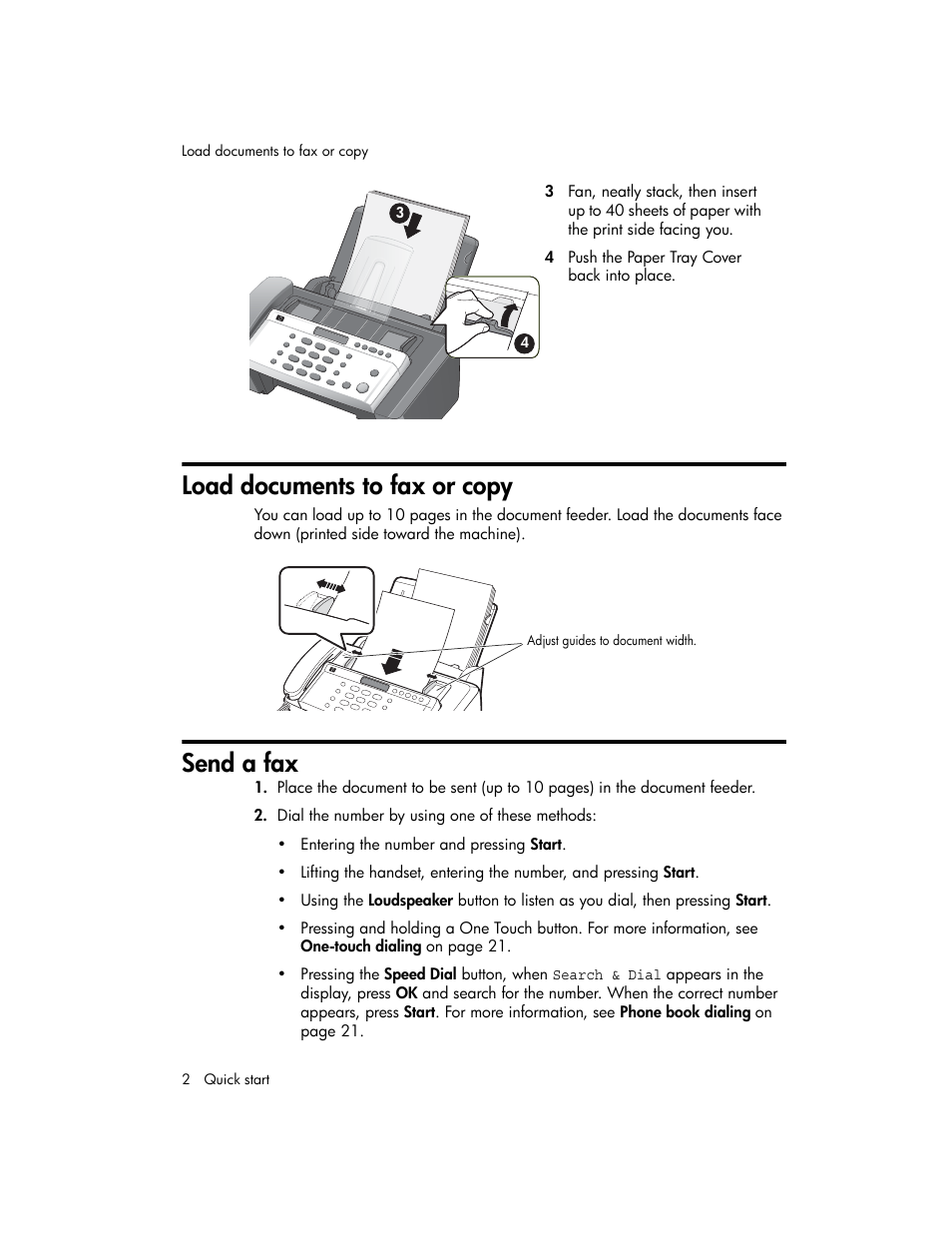 Load documents to fax or copy, Send a fax | HP 600 User Manual | Page 10 / 86