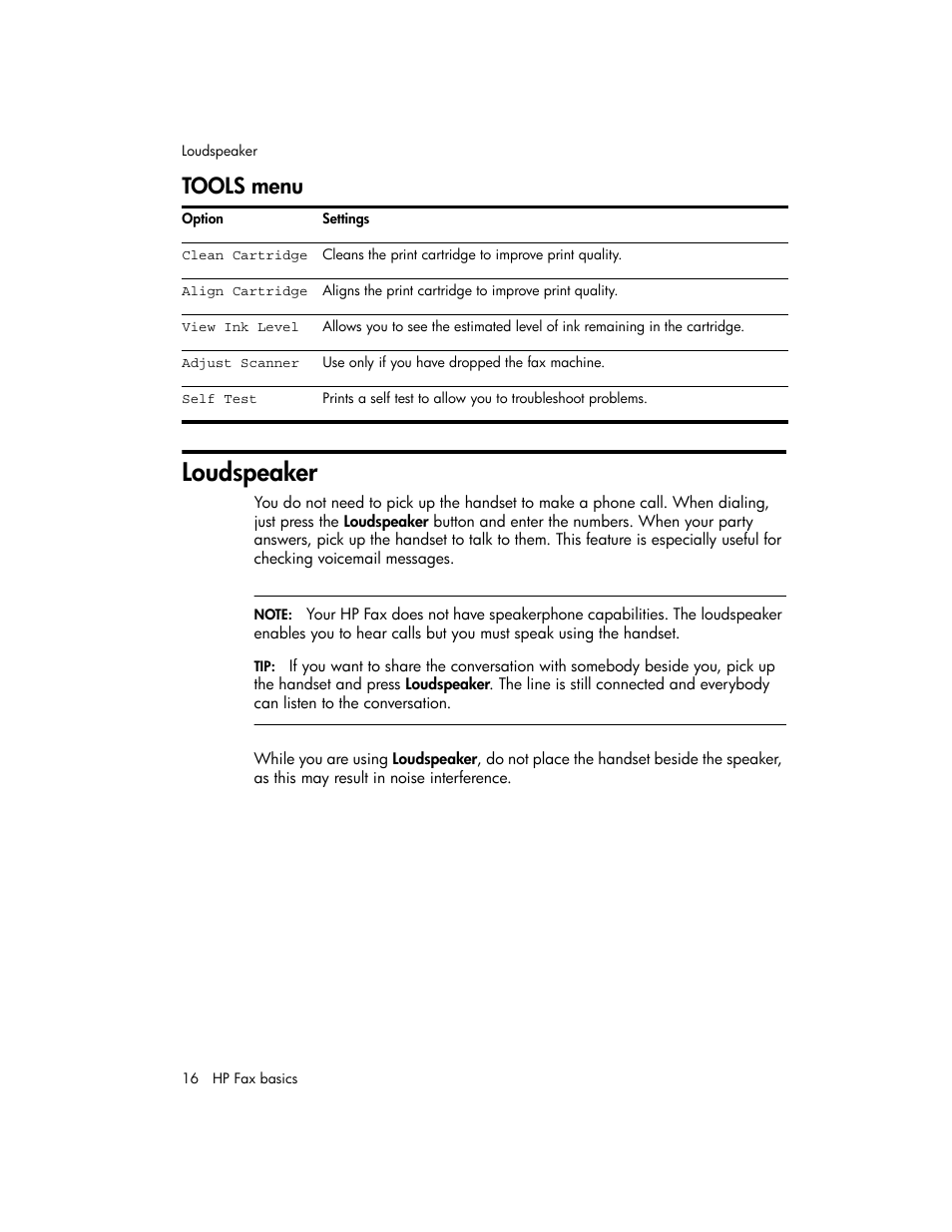 Tools menu, Loudspeaker | HP 600 User Manual | Page 24 / 86