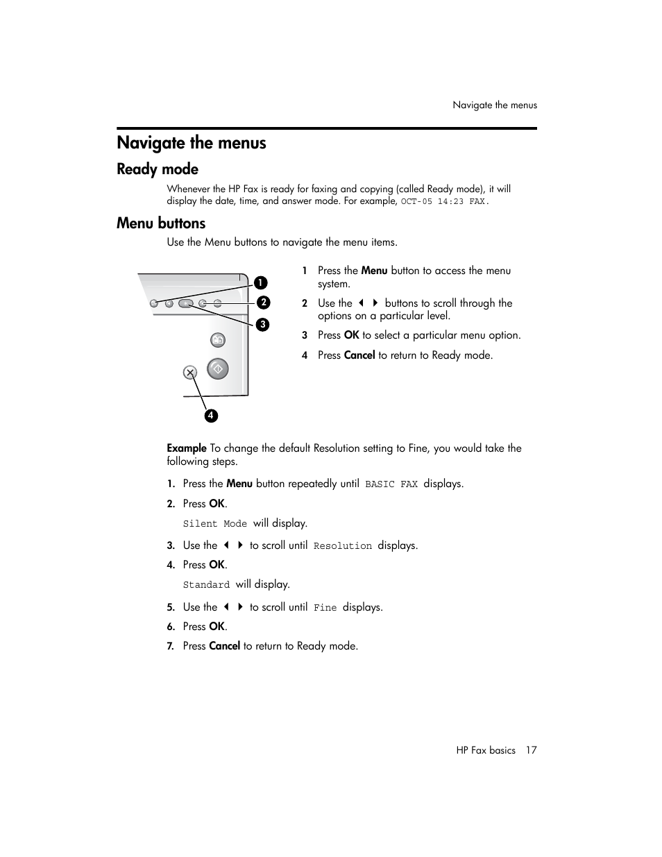 Navigate the menus, Ready mode, Menu buttons | HP 600 User Manual | Page 25 / 86