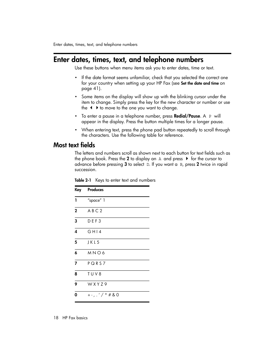 Enter dates, times, text, and telephone numbers, Most text fields | HP 600 User Manual | Page 26 / 86