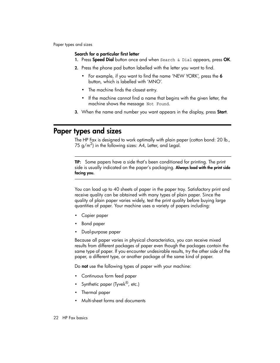 Search for a particular first letter, Paper types and sizes | HP 600 User Manual | Page 30 / 86