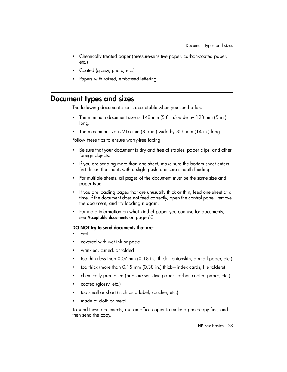 Document types and sizes, Do not try to send documents that are | HP 600 User Manual | Page 31 / 86