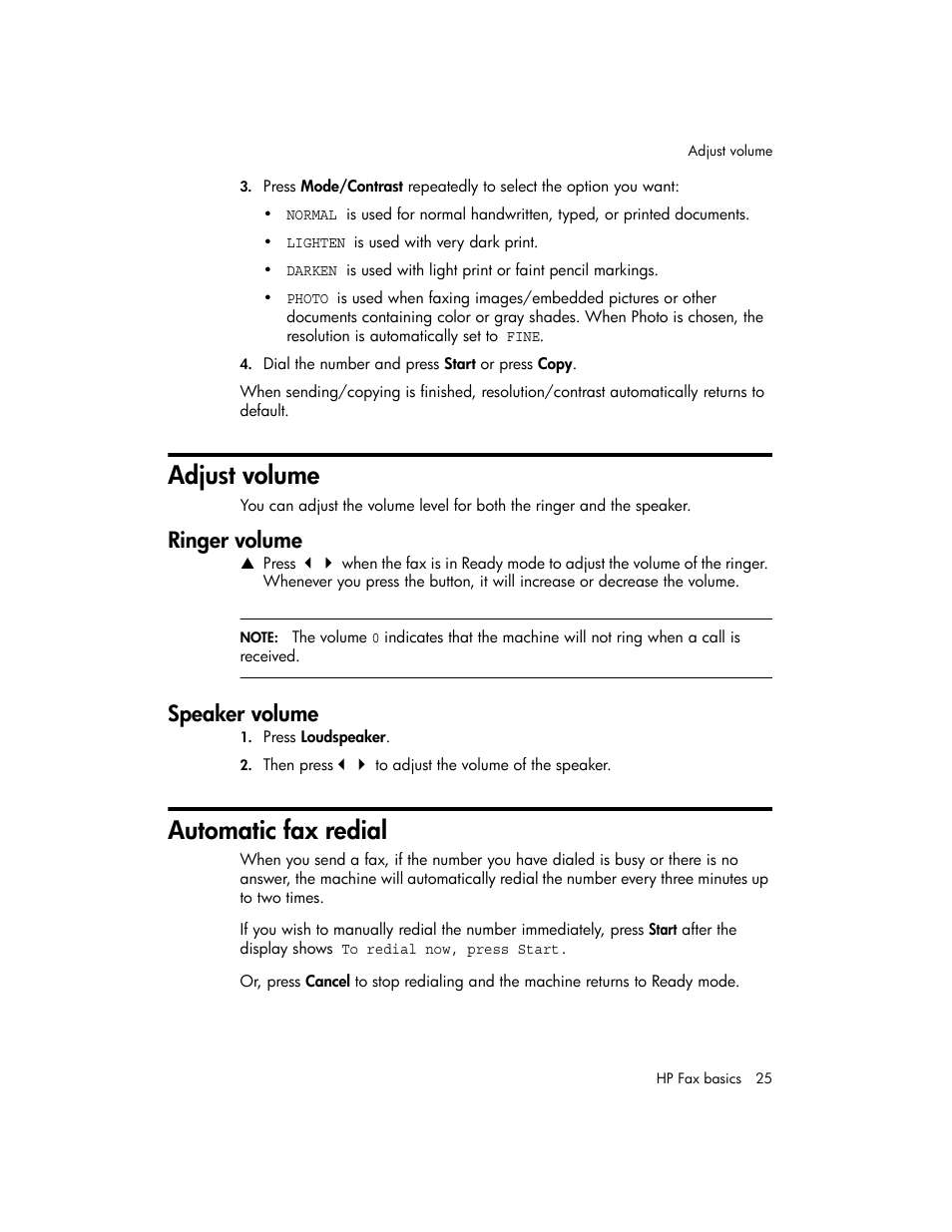 Adjust volume, Ringer volume, Speaker volume | Automatic fax redial | HP 600 User Manual | Page 33 / 86