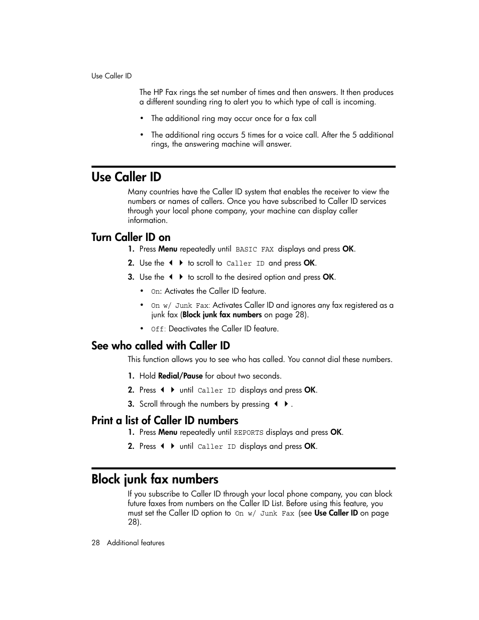 Use caller id, Turn caller id on, See who called with caller id | Print a list of caller id numbers, Block junk fax numbers | HP 600 User Manual | Page 36 / 86