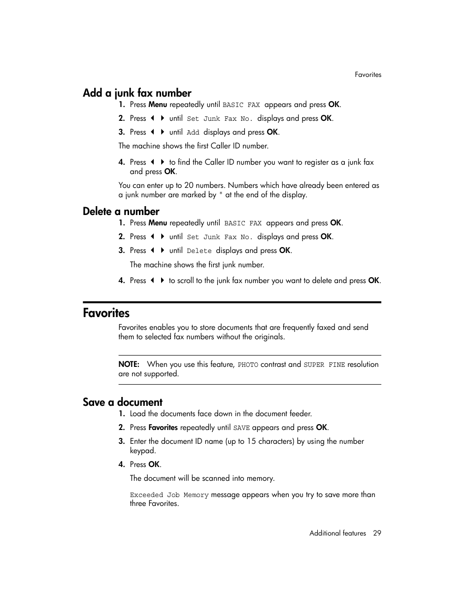 Add a junk fax number, Delete a number, Favorites | Save a document | HP 600 User Manual | Page 37 / 86