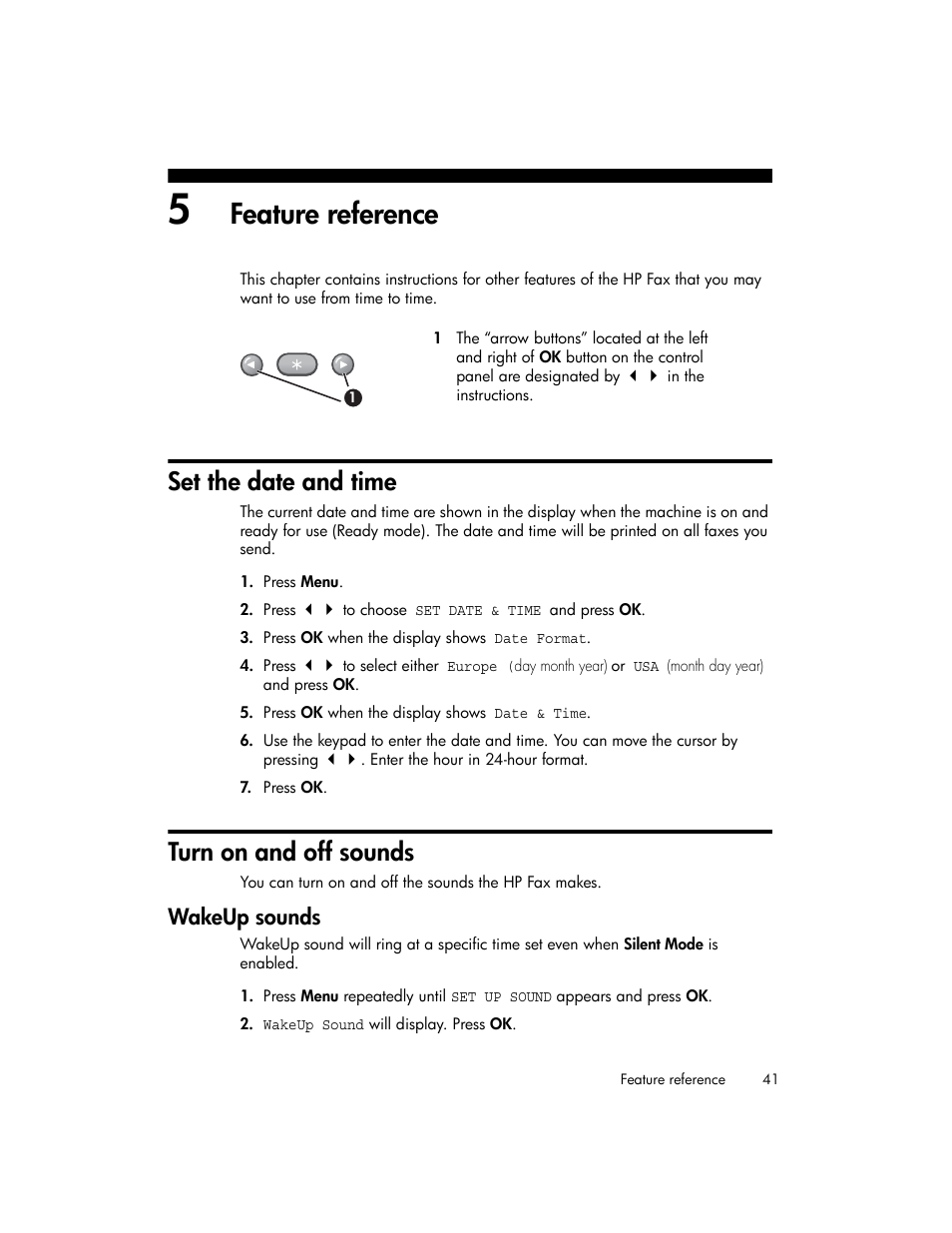 Feature reference, Set the date and time, Turn on and off sounds | Wakeup sounds, X (see | HP 600 User Manual | Page 49 / 86