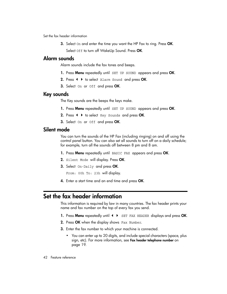 Alarm sounds, Key sounds, Silent mode | Set the fax header information, For more information, see, Set the fax, Header information | HP 600 User Manual | Page 50 / 86