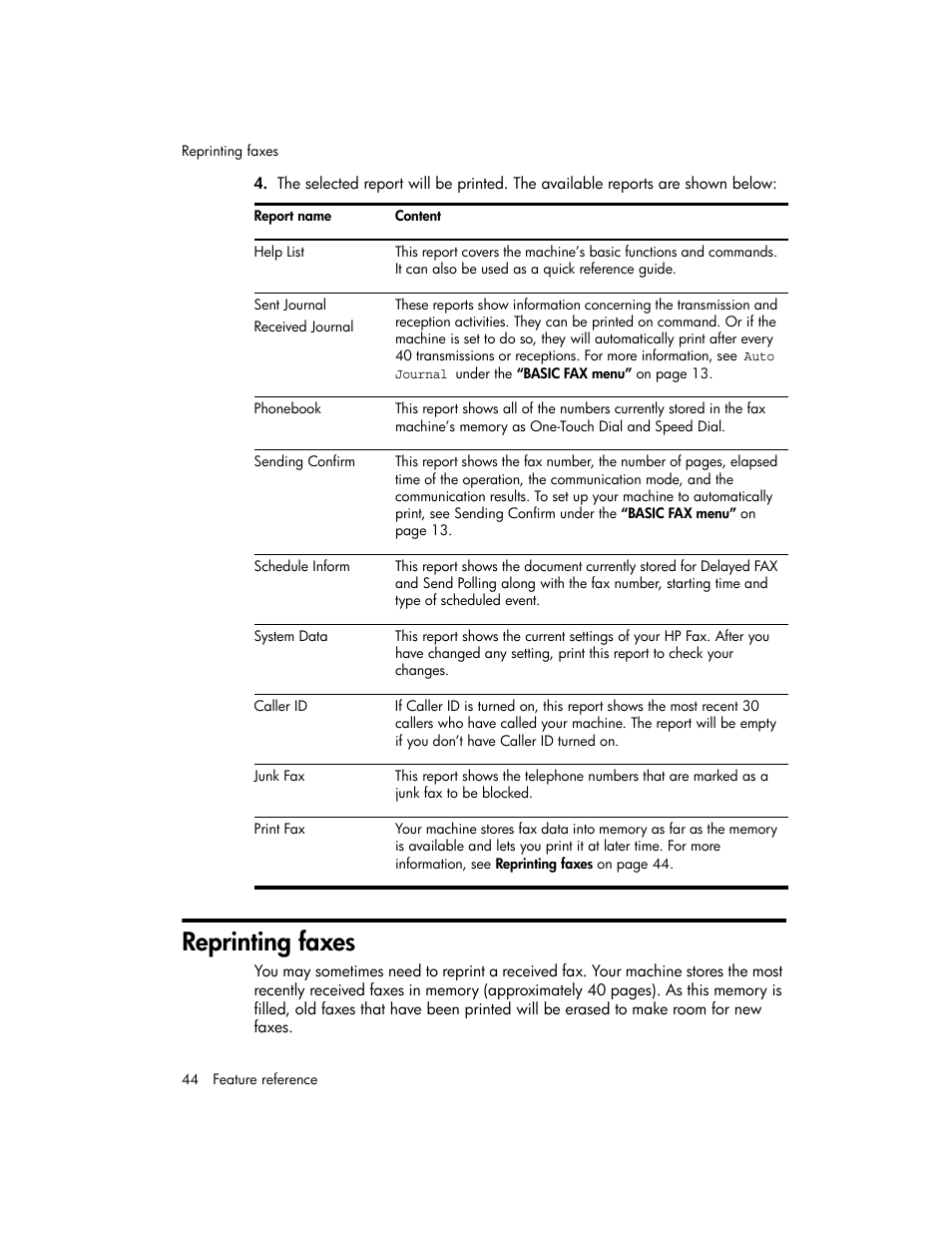 Reprinting faxes | HP 600 User Manual | Page 52 / 86