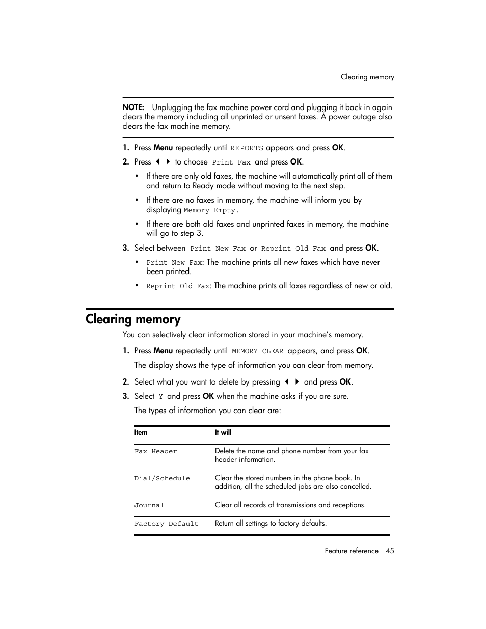 Clearing memory | HP 600 User Manual | Page 53 / 86