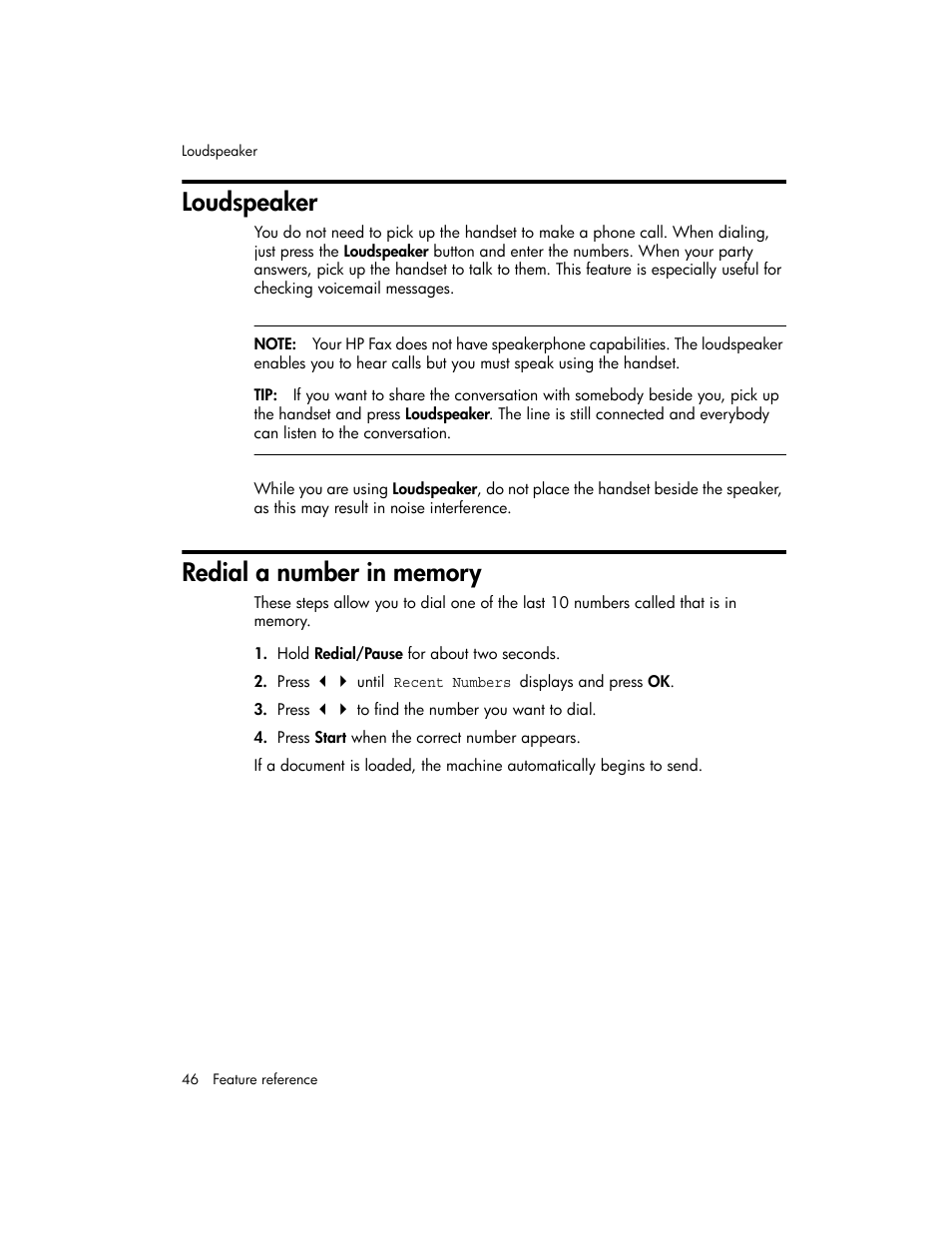 Loudspeaker, Redial a number in memory | HP 600 User Manual | Page 54 / 86