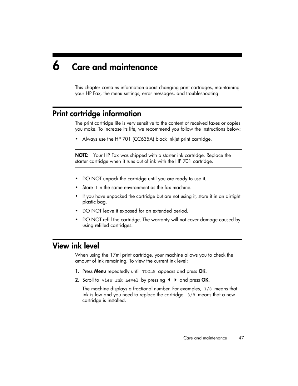 Care and maintenance, Print cartridge information, View ink level | HP 600 User Manual | Page 55 / 86
