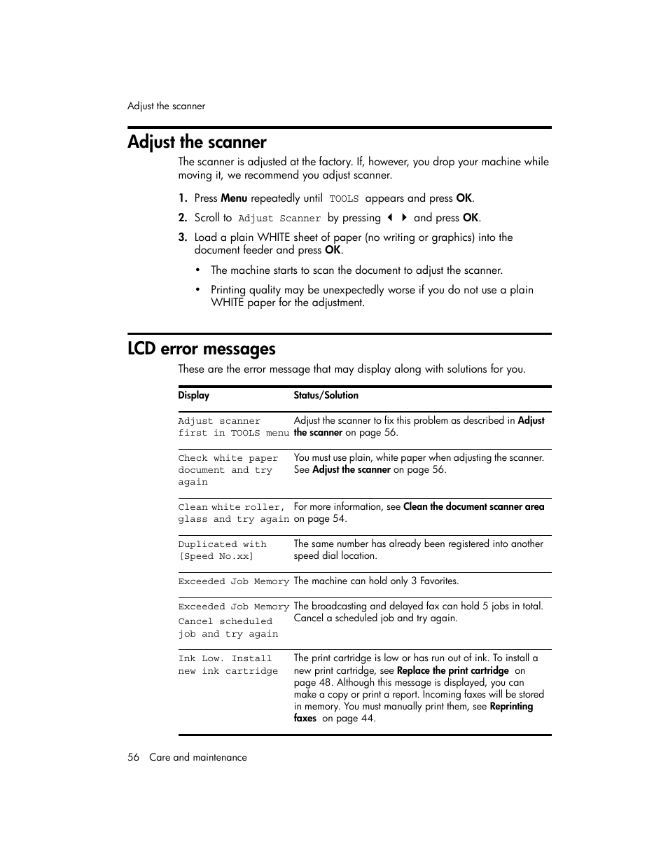 Adjust the scanner, Lcd error messages | HP 600 User Manual | Page 64 / 86