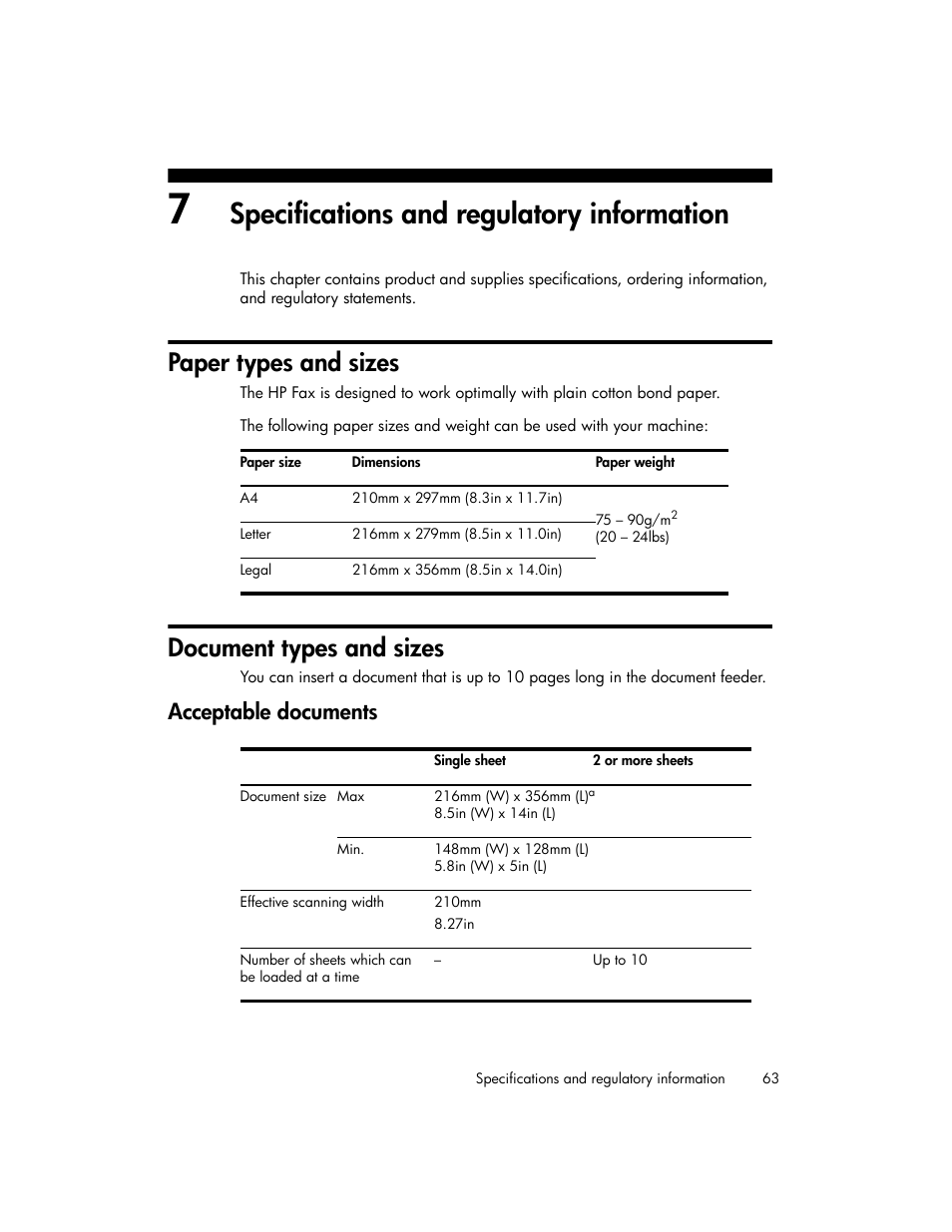 Specifications and regulatory information, Paper types and sizes, Document types and sizes | Acceptable documents, See document types and sizes on | HP 600 User Manual | Page 71 / 86