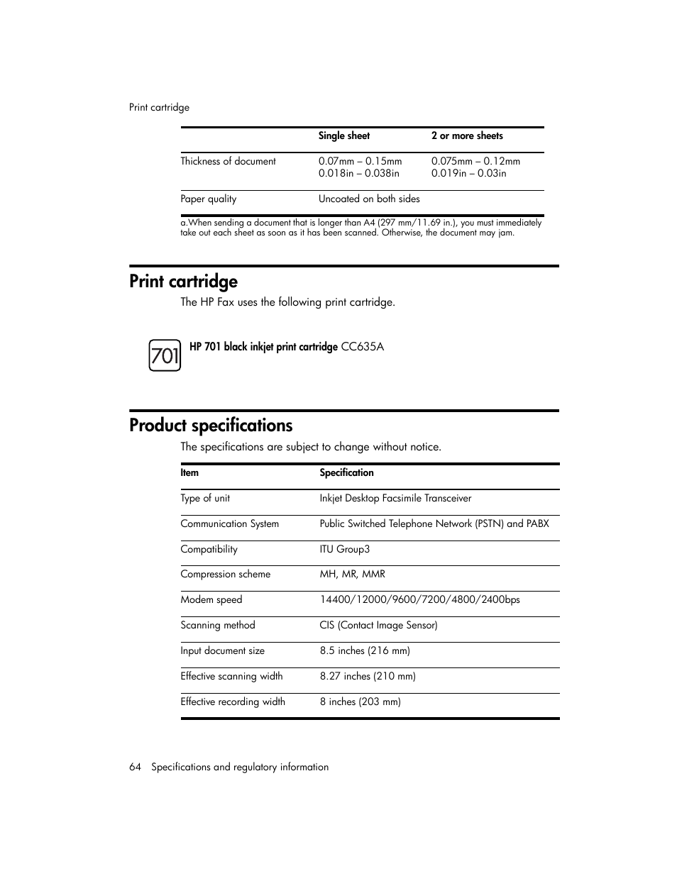 Print cartridge, Product specifications | HP 600 User Manual | Page 72 / 86