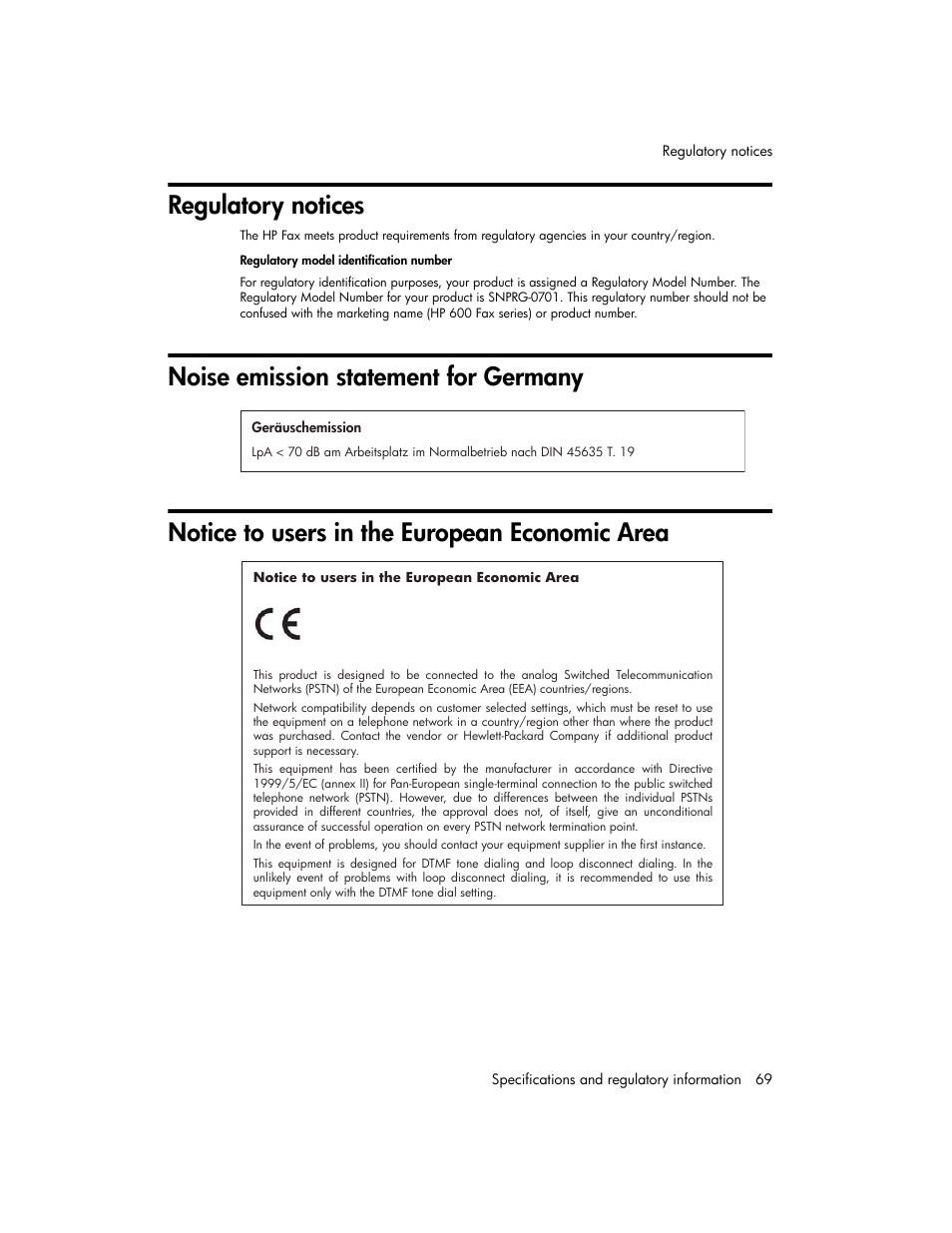 Regulatory notices, Noise emission statement for germany, Notice to users in the european economic area | HP 600 User Manual | Page 77 / 86