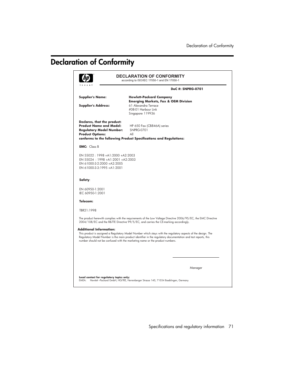 Declaration of conformity | HP 600 User Manual | Page 79 / 86