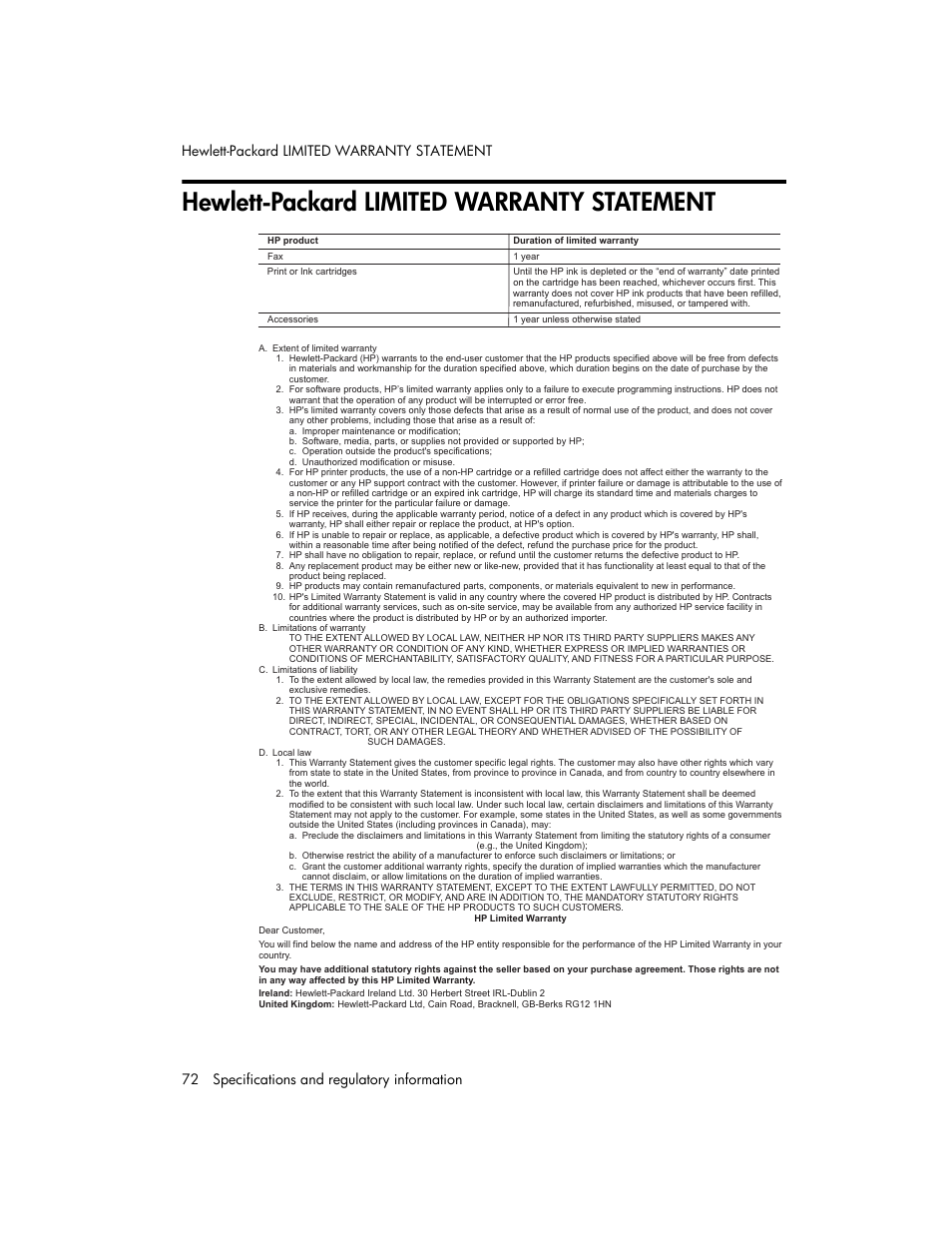 Hewlett-packard limited warranty statement | HP 600 User Manual | Page 80 / 86