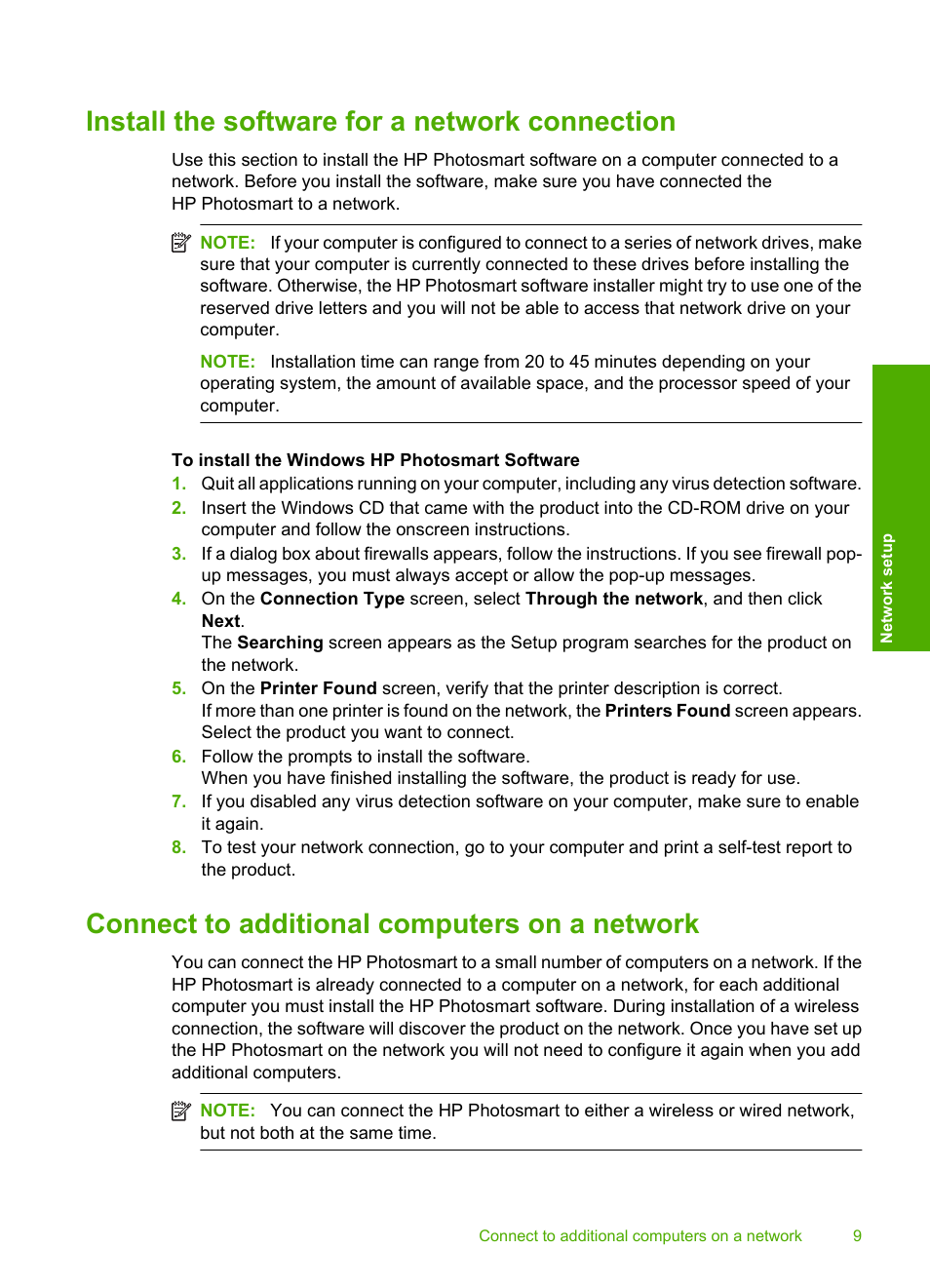 Install the software for a network connection, Connect to additional computers on a network | HP C309 User Manual | Page 11 / 85