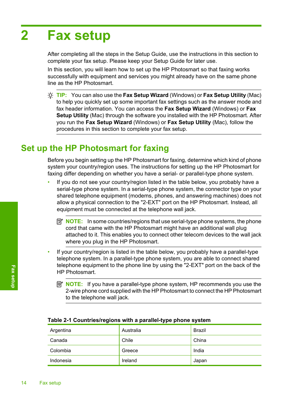 Fax setup, Set up the hp photosmart for faxing, 2 fax setup | 2fax setup | HP C309 User Manual | Page 16 / 85