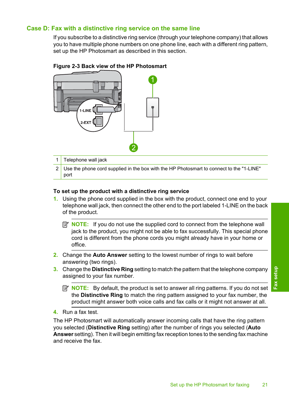 Case d: fax with a distinctive ring service | HP C309 User Manual | Page 23 / 85